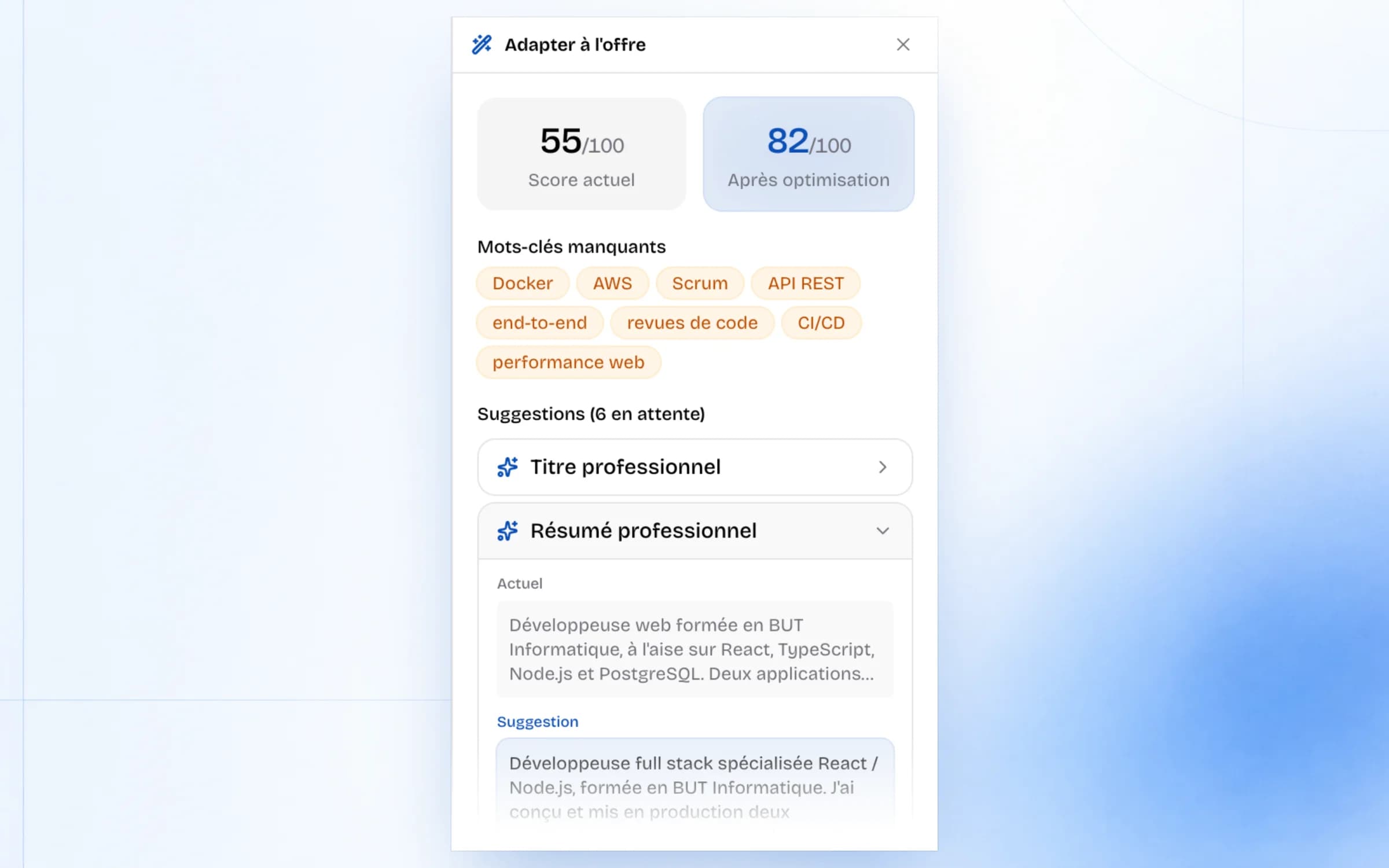 Panneau Adapter à l'offre : score avant et après optimisation, mots-clés manquants et suggestion de résumé