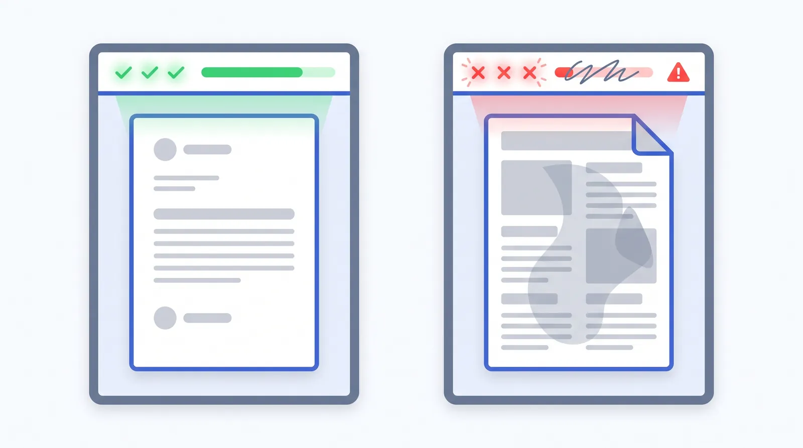 Comparaison d'un CV simple lu correctement et d'un CV complexe mal lu par un ATS